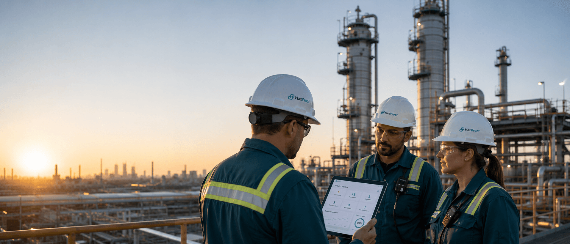 Construction crew in safety vests overlooking an active jobsite at sunset